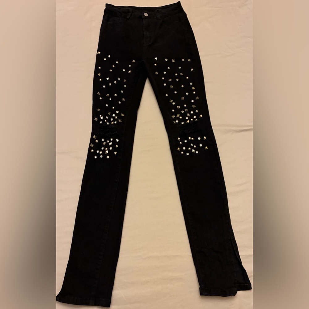 Black Stretch Skinny Jeans With Stud & Crystal Embellished XS Punk Festival Date